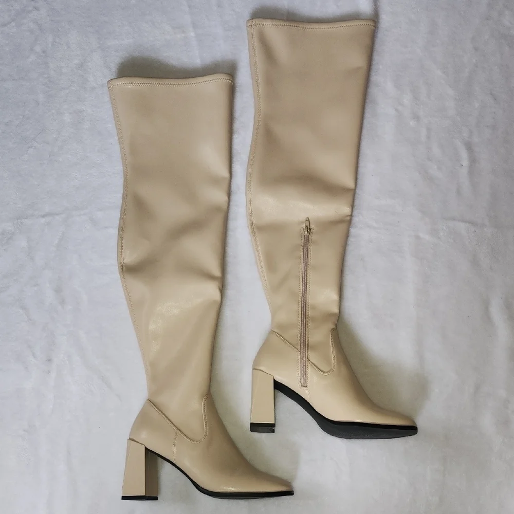 Elegant Cream Over the Knee Boots